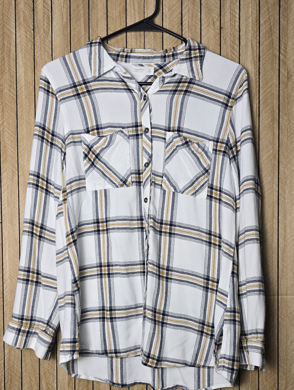 Women's Long Sleeve Plaid Button-Up Top in White, Navy & Gold